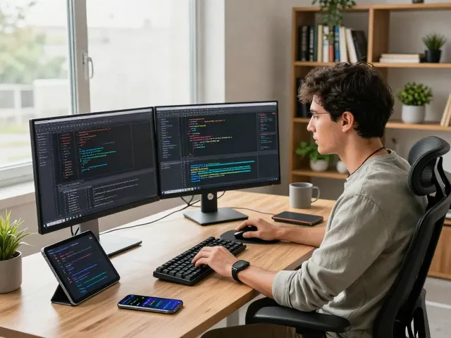 Développeur utilisant Atlas pro dans un bureau moderne avec écrans, gadgets et ambiance productive.