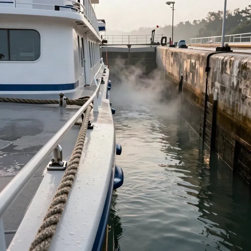 Proue d’un navire de croisière fluviale entrant dans une écluse étroite, eau lisse et brume froide.