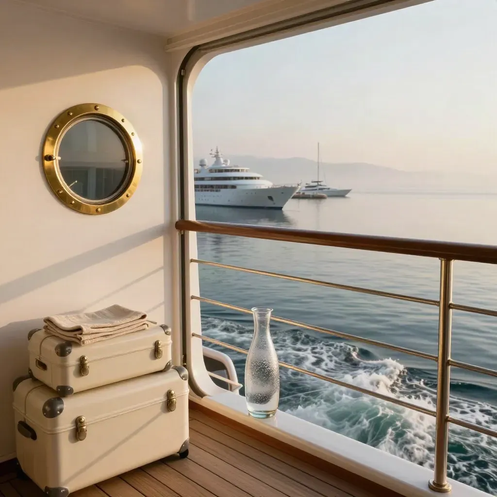 Suite de croisière au lever du jour sur un port méditerranéen calme, valises crème et lumière dorée.