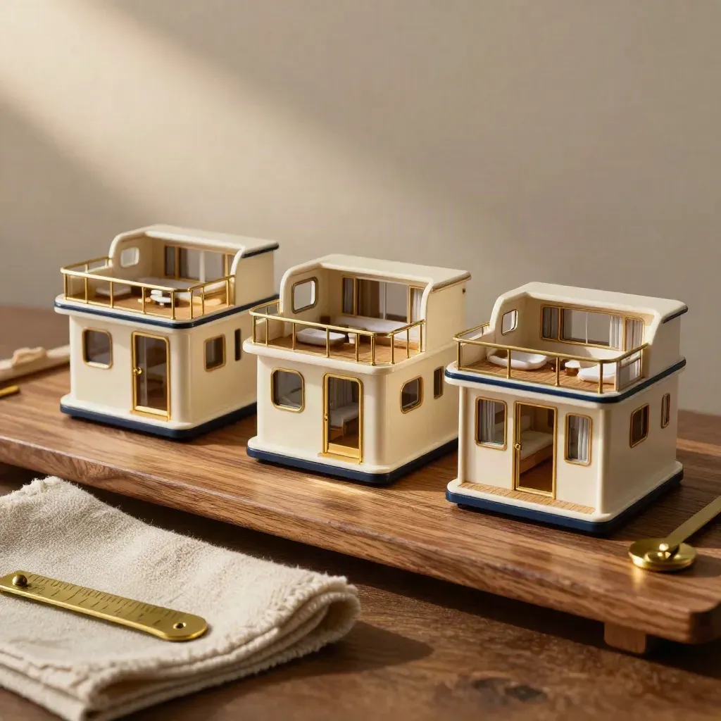 Maquettes de cabines de croisière alignées avec balance et échantillon de lin, lumière dorée.