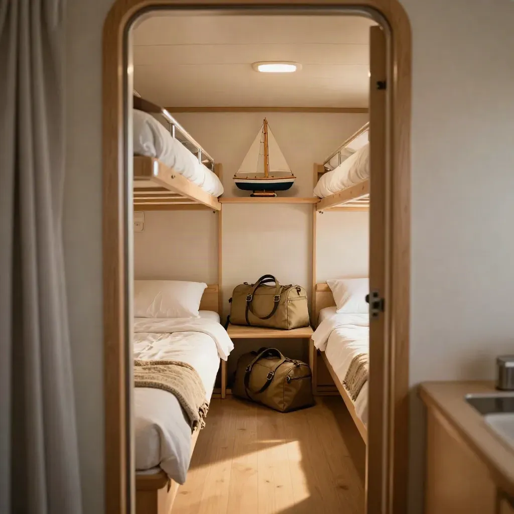 Cabine familiale de croisière avec deux couchettes, deux sacs, une couverture pliée et un petit voilier.