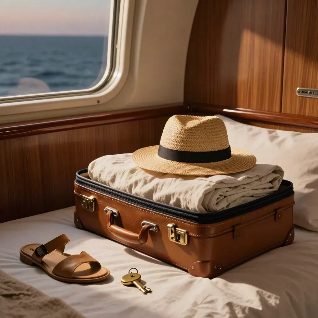 Coin de cabine de croisière avec valise entrouverte, chapeau, sandales et hublot lumineux.