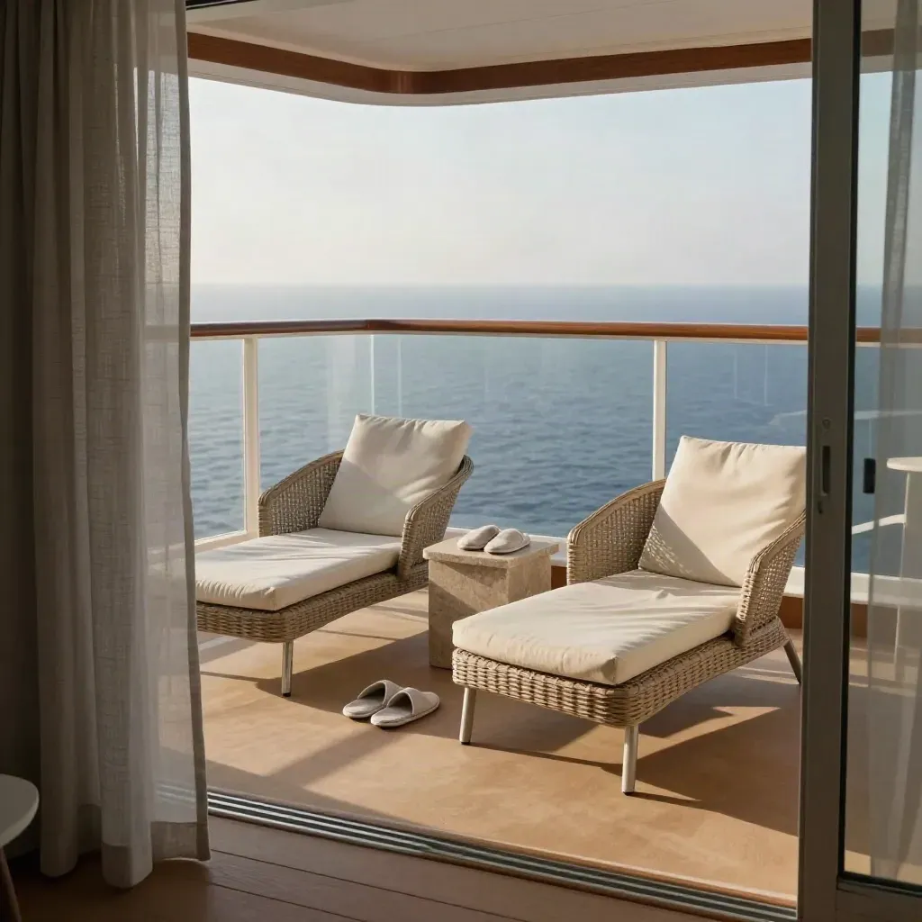 Coin de suite balcon avec deux fauteuils, table basse, chaussons et rideau face à la mer.