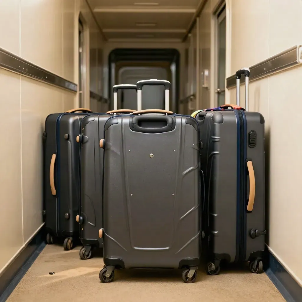 Quatre valises cabine alignées dans un couloir de navire, avec bracelets de bagage colorés.