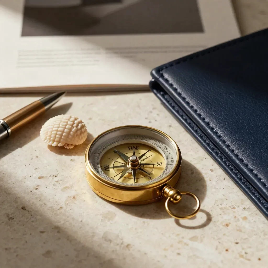 Gros plan d’un compas en laiton, d’un poids coquillage, d’un porte-stylo et d’un dossier en cuir.