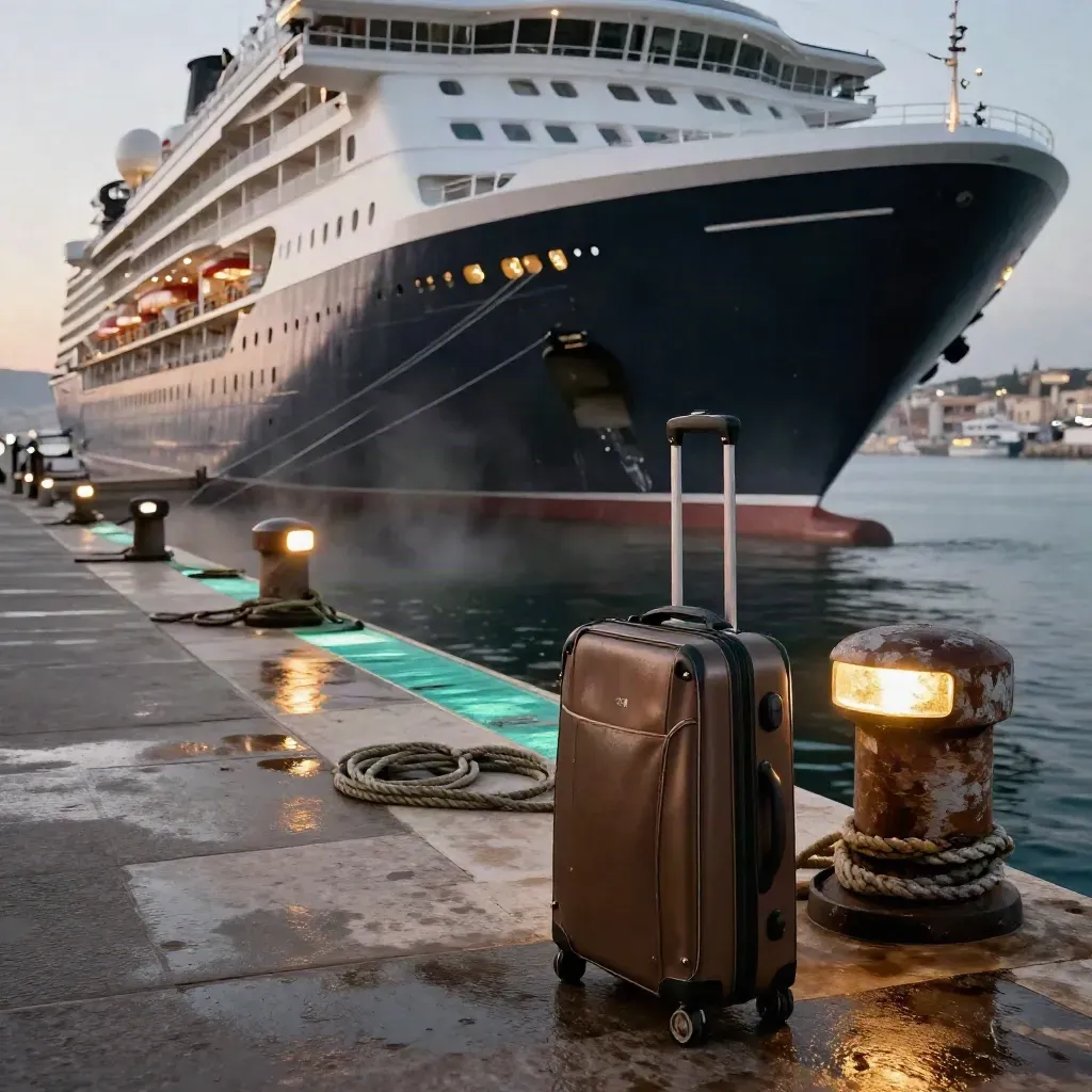 Quai de Marseille de nuit, paquebot amarré, passerelle levée et valise prête sous les lampes.