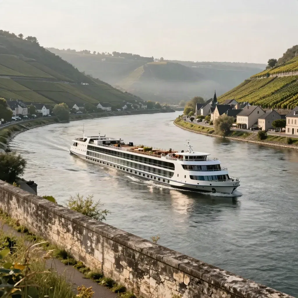 Bateau de croisière sur le Rhin, vignes en terrasses et village de pierre au petit matin.