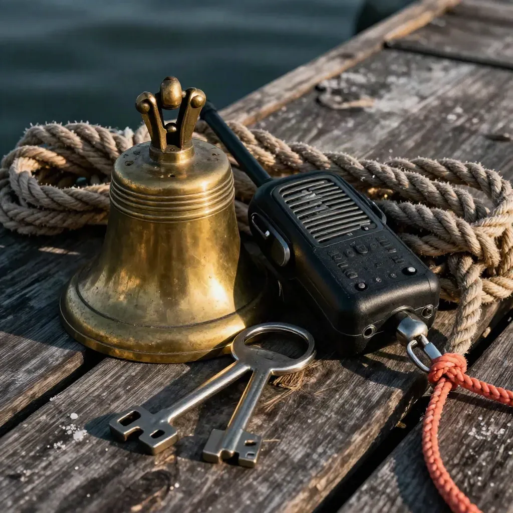 Gros plan dramatique d’une cloche de bord, d’une radio marine, d’un trousseau et d’une corde.