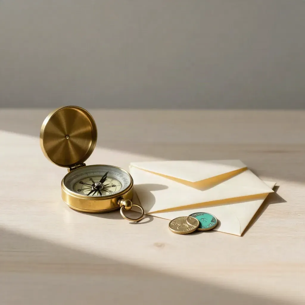 Compas, horloge marine, enveloppe et jetons de port sur bois clair.
