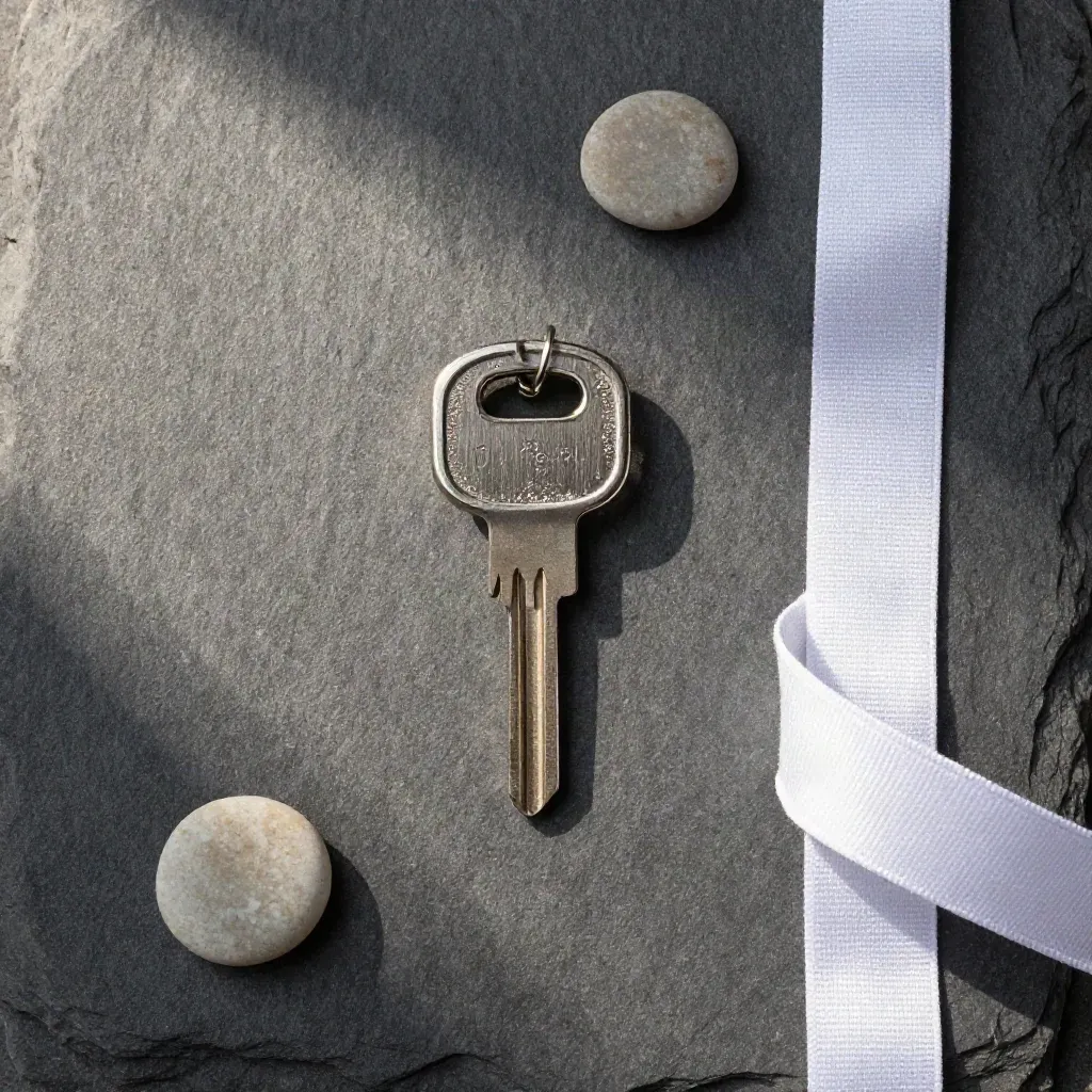 Flatlay zénithal d’un fob de cabine, borne de quai et ruban d’itinéraire sur ardoise.