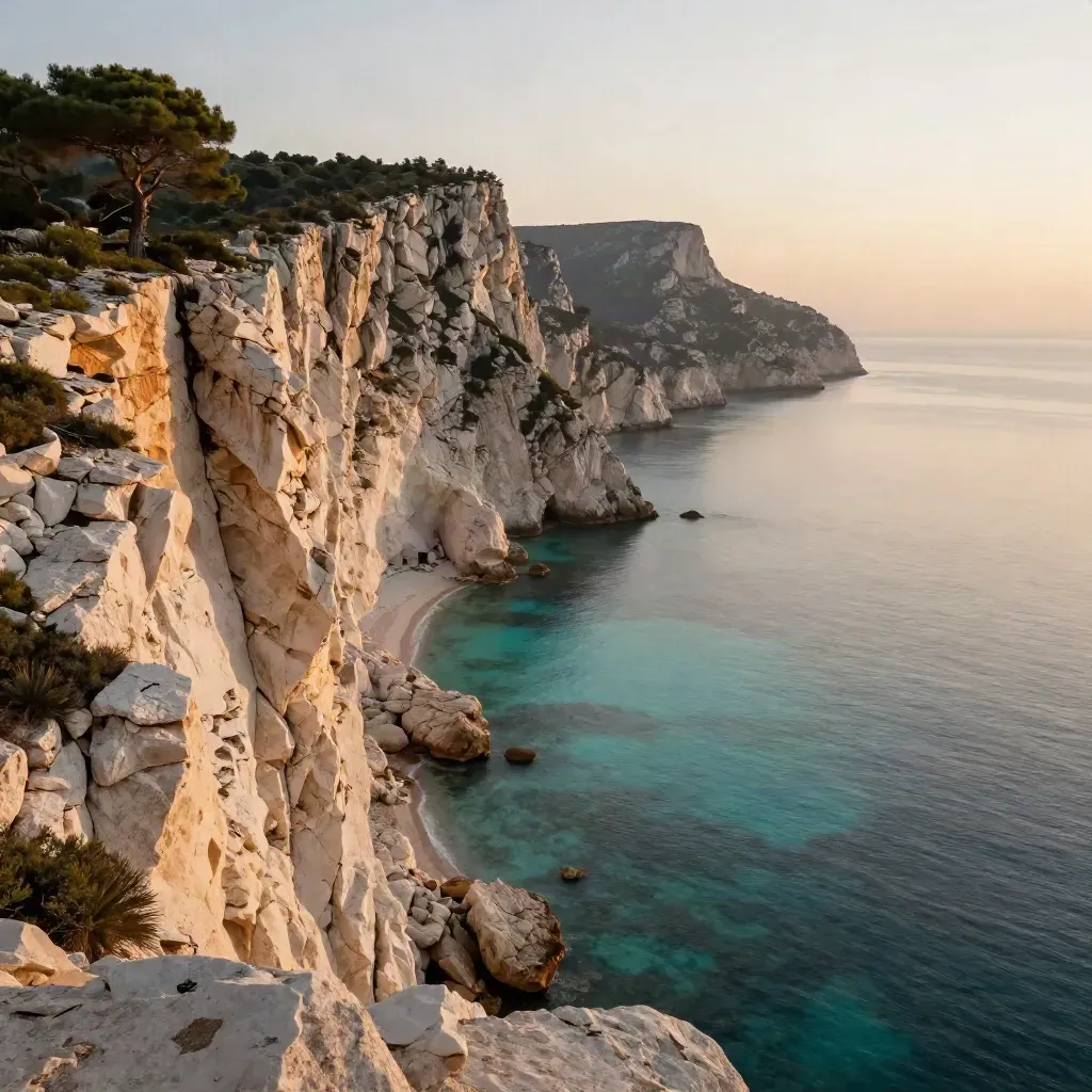 Falaises calcaires des Calanques au coucher du soleil, mer turquoise et lumière dorée.