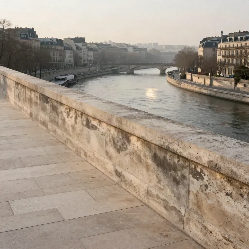 Vue de Paris et de la Seine au crépuscule sur pierre travertinée.