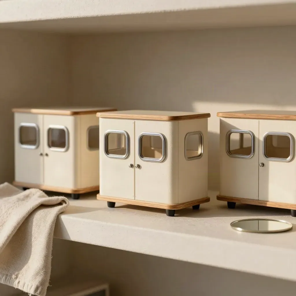 Trois mini cabines de croisière avec échantillon de lin et disque miroir sur fond clair.