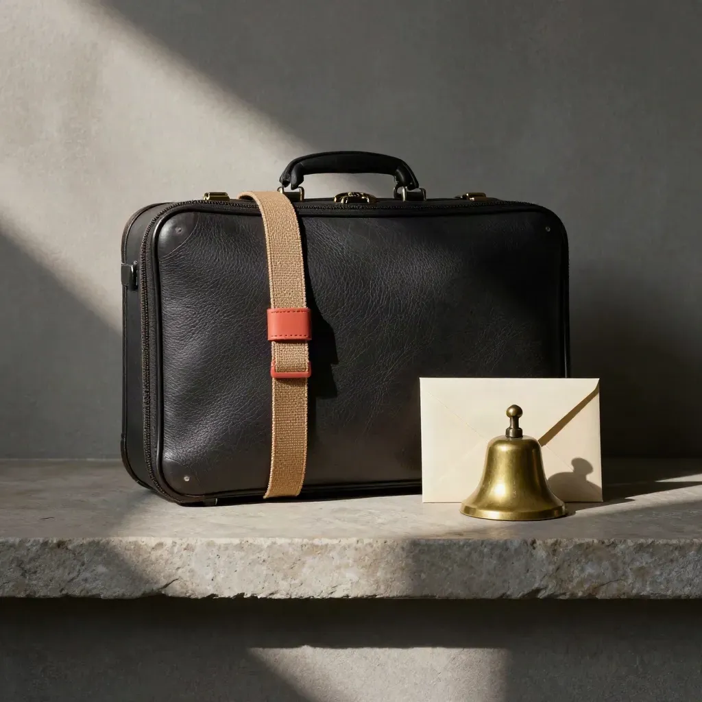 Étui de voyage en cuir, strap, clochette en laiton et enveloppe scellée sur étagère de pierre.