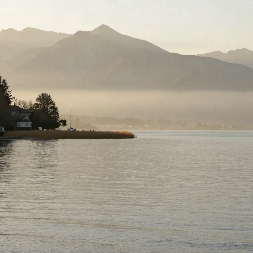 Lac d’Annecy à l’aube, brume douce, eau miroir et montagnes alpines.