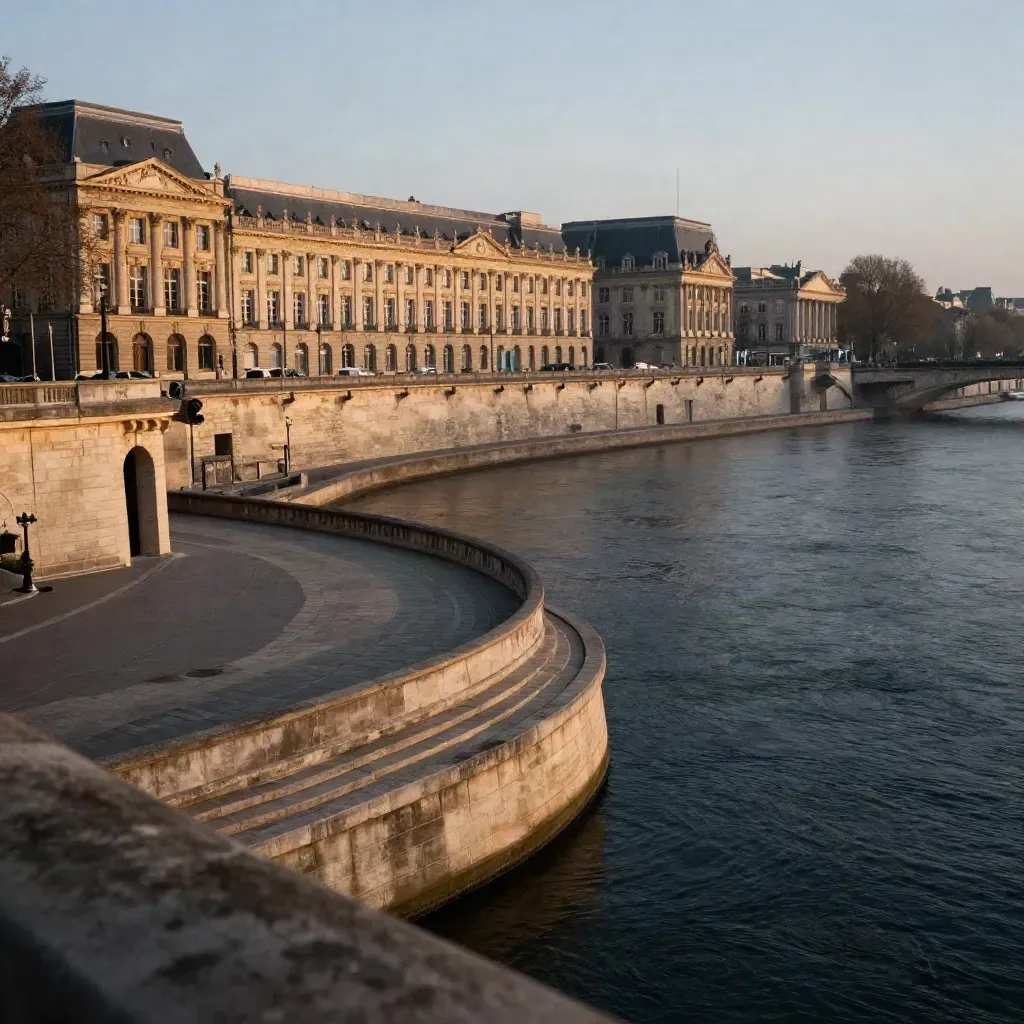 Vue large des quais en pierre de Bordeaux au crépuscule, Garonne assombrie et lumière chaude.