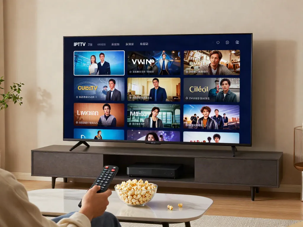 Salon moderne avec écran affichant atlas pro iptv et options de divertissement.
